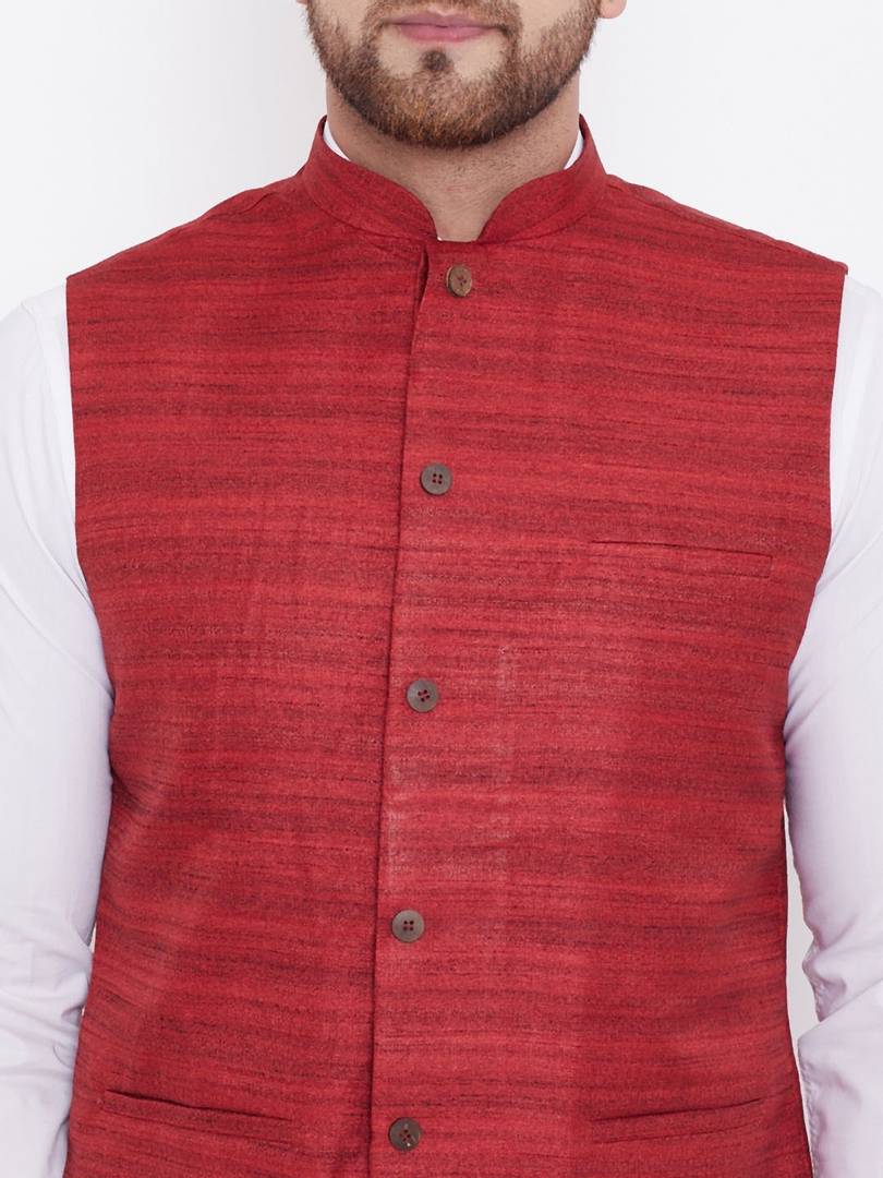 Men's Maroon 
Silk Blend
 Woven Design Nehru Jackets